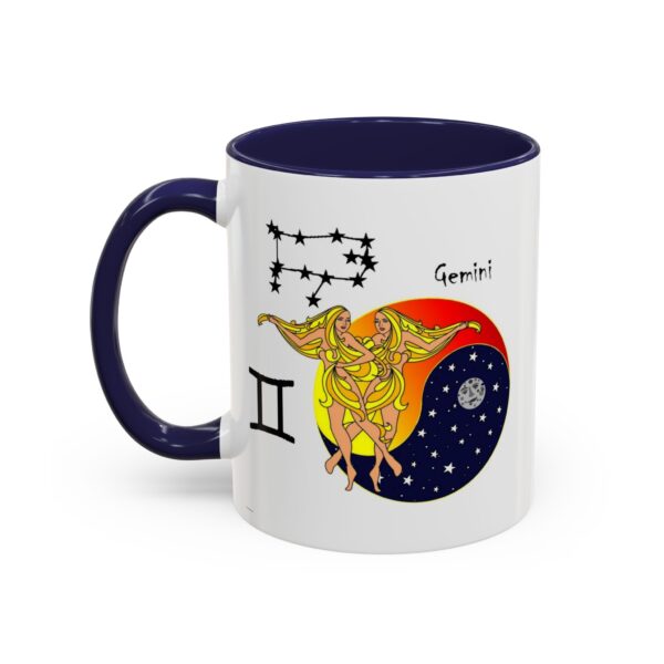 A mug with an illustration of the gemini zodiac sign.