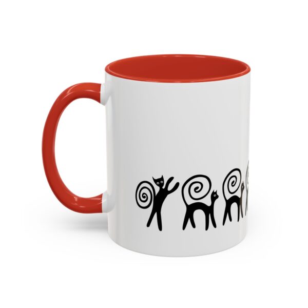 A red and white mug with an image of people