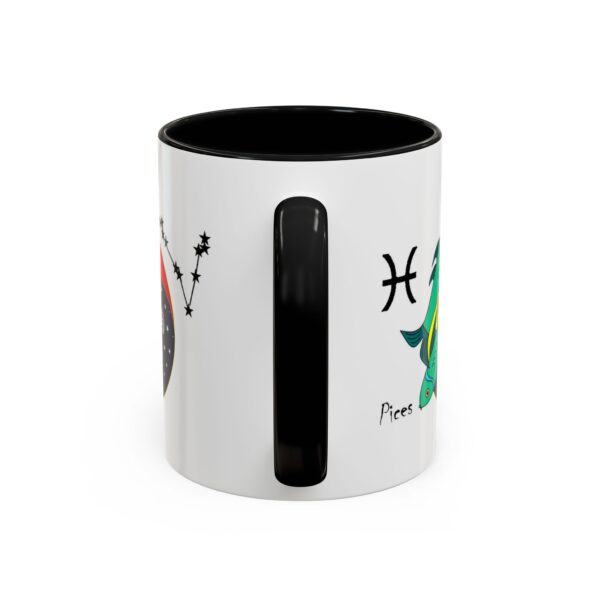 A black and white mug with the zodiac sign pisces on it.