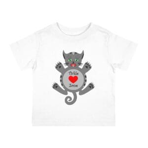 A white t-shirt with a cat and heart on it.