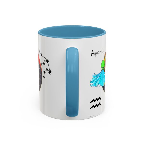 A blue and white mug with an image of aquarius on it.