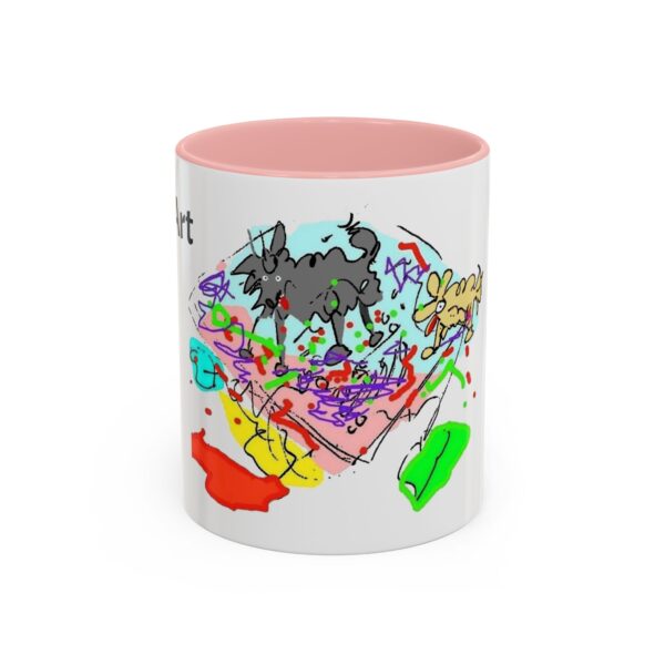 A pink and white mug with a picture of a dog on it.