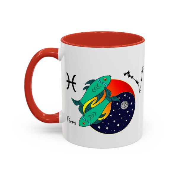 A red and white mug with an astrological theme.