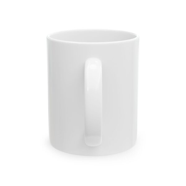 A white coffee mug with the handle bent.