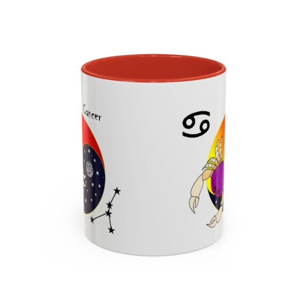 A red and white mug with an illustration of the zodiac sign.