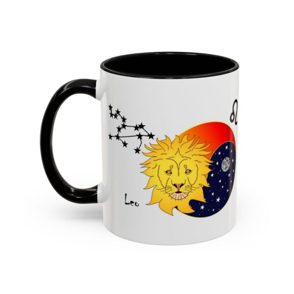 A black and white coffee mug with a sun, moon, and star design.