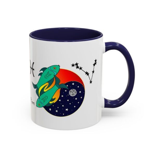 A blue and white mug with an image of a space ship.