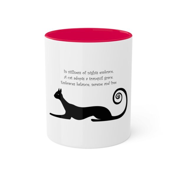 A cat sitting on the ground with a red rim and a quote.