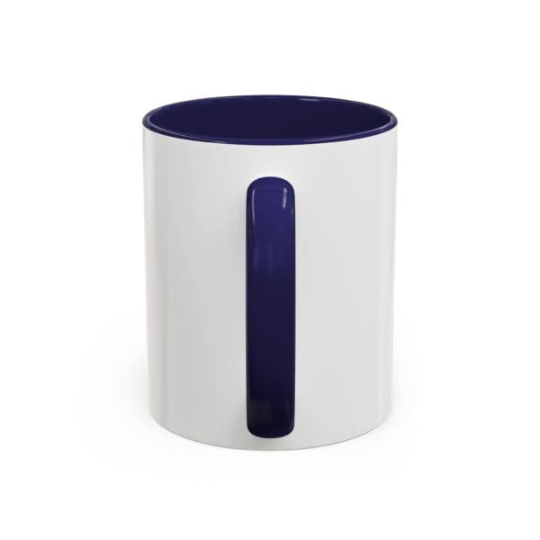 A white and blue mug with the handle up.