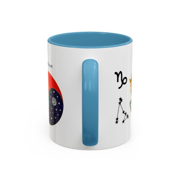 A blue and white mug with an image of the zodiac.