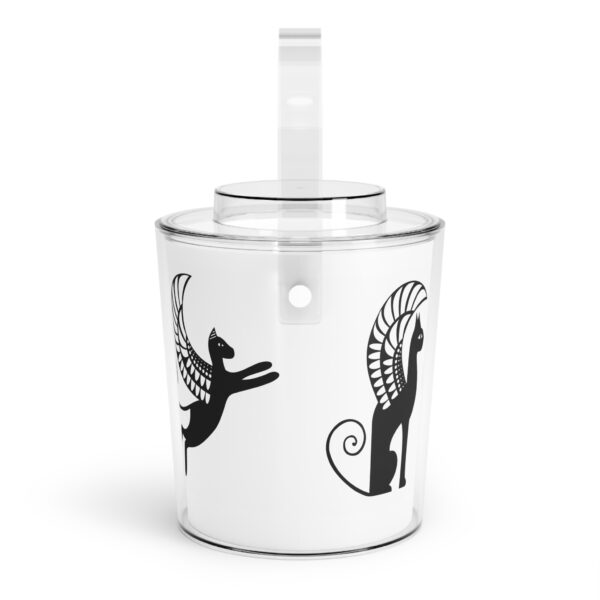 A white bucket with black cats and birds on it.