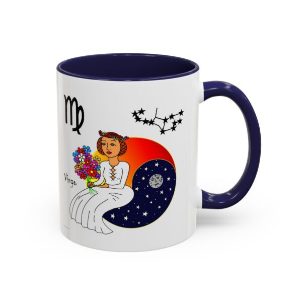 A mug with an illustration of a woman sitting on the moon.