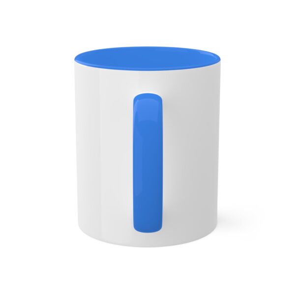 A white and blue coffee mug with the letter i on it.