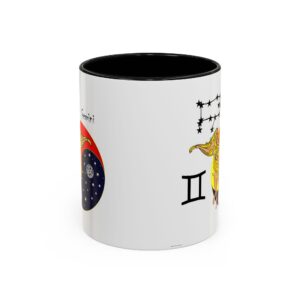 A black and white mug with the zodiac sign gemini on it.