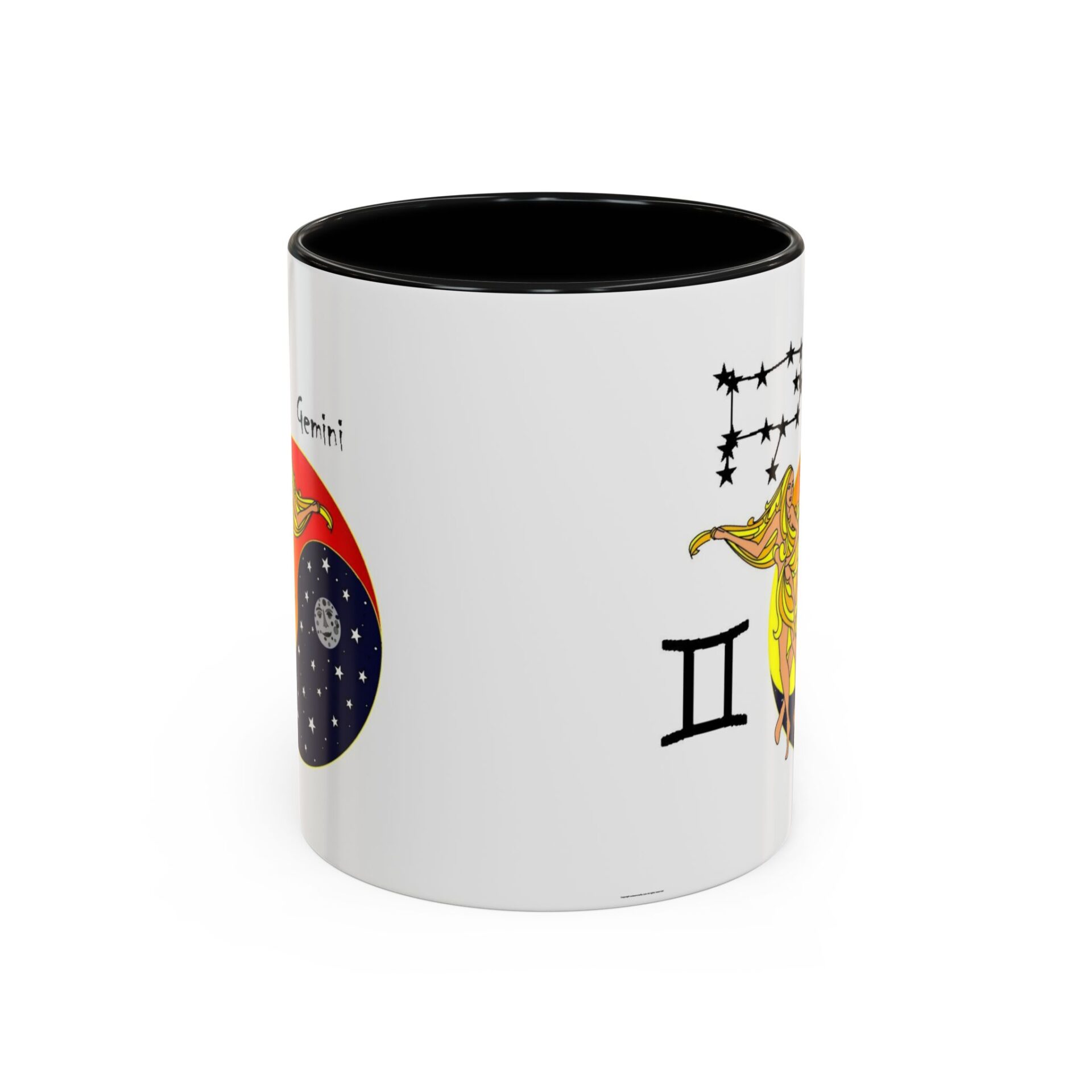 A black and white mug with the zodiac sign gemini on it.