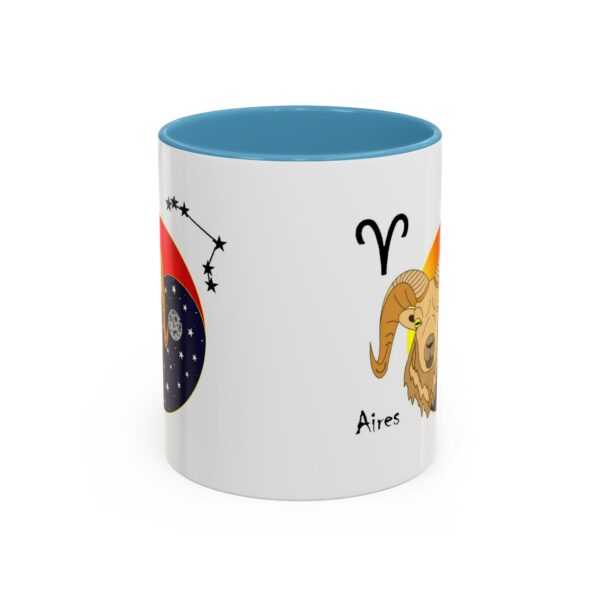 A blue and white mug with an image of the zodiac sign.