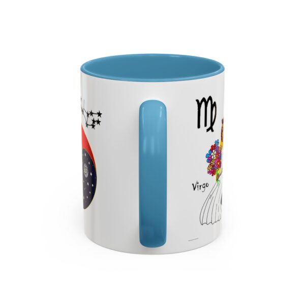 A blue and white mug with the words " virgo " written on it.