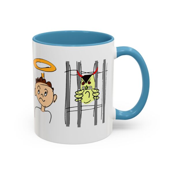 A blue and white mug with cartoon images of jail cell, prison cell, angel, and cat.