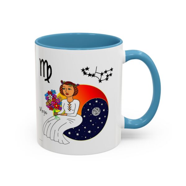 A blue and white mug with an illustration of a woman sitting on the moon.