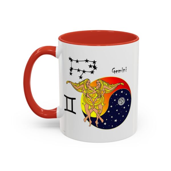 A red and white mug with an illustration of gemini.