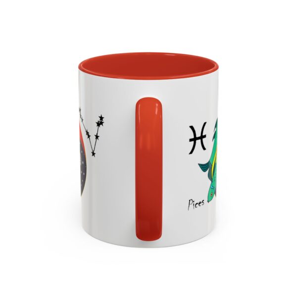 A red and white mug with the words pisces on it.