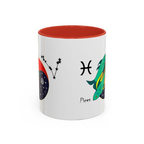 A red and white mug with the zodiac sign pisces on it.