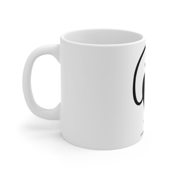 A white coffee mug with the word " go " written in black.