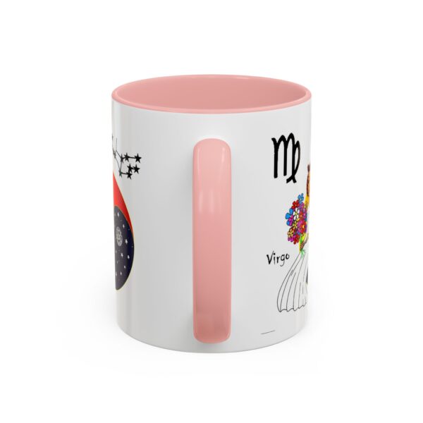 A pink and white mug with the words " virgo " written on it.