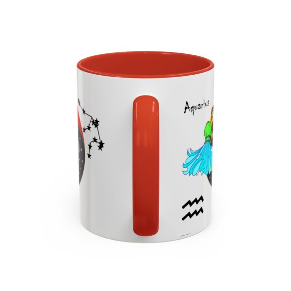 A red and white mug with an image of the zodiac sign aquarius.