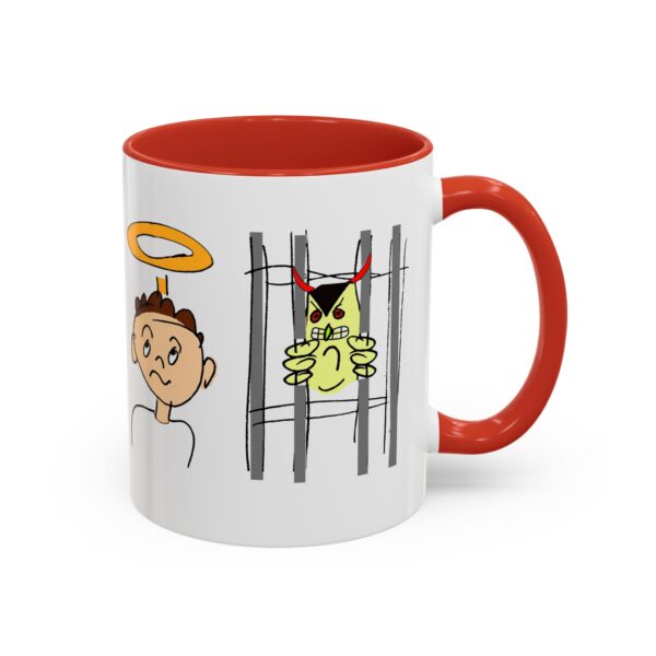 A red and white mug with cartoon images of jesus, jail cell, and prison bars.