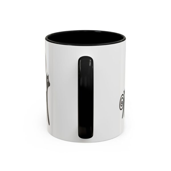 A black and white coffee mug with a picture of a car.