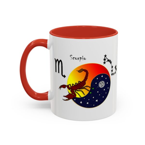 A red and white mug with an image of scorpio