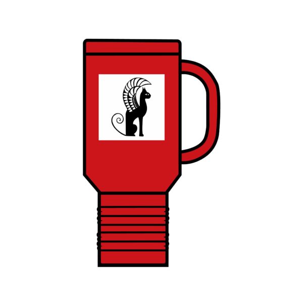 A red cup with a black and white logo.