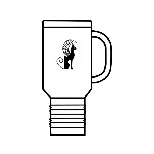 A black and white drawing of a cup with a cat on it.