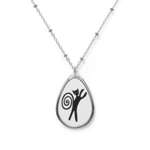 A necklace with a white and black pendant on it