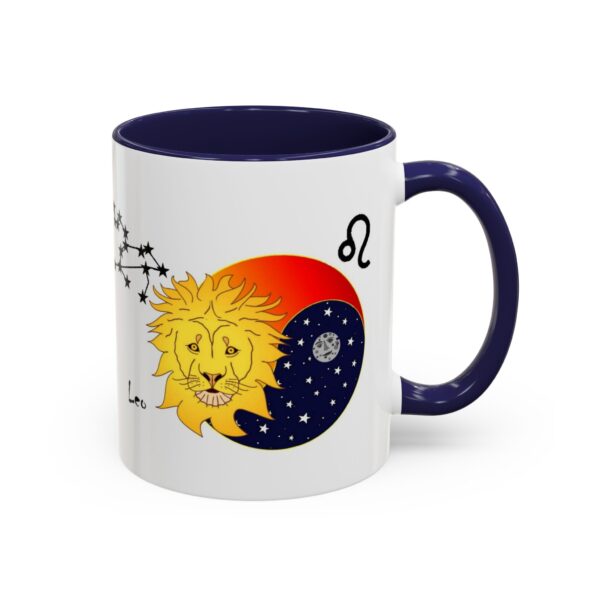 A blue and white mug with an image of the sun, moon and stars.