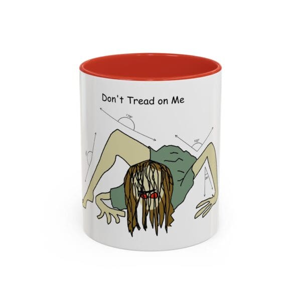 A red and white mug with an image of a zombie.