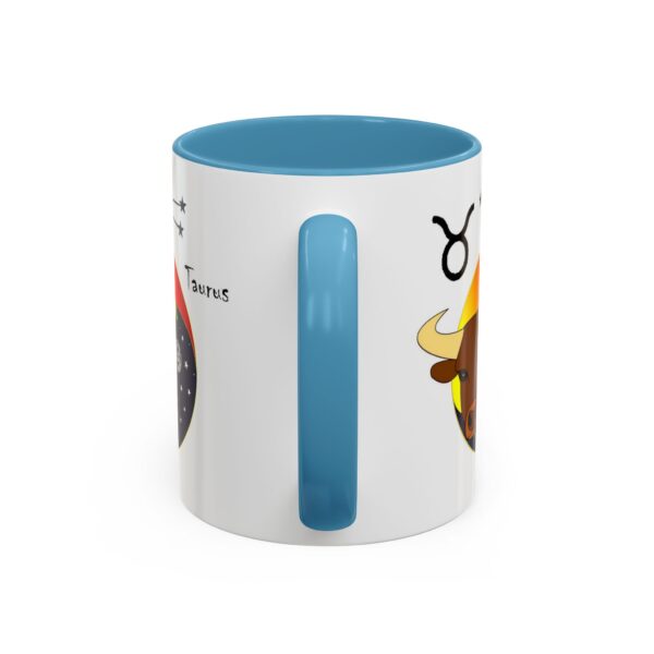 A blue and white mug with an image of a monkey.