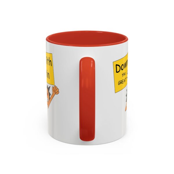 A red and white mug with a picture of a dog.