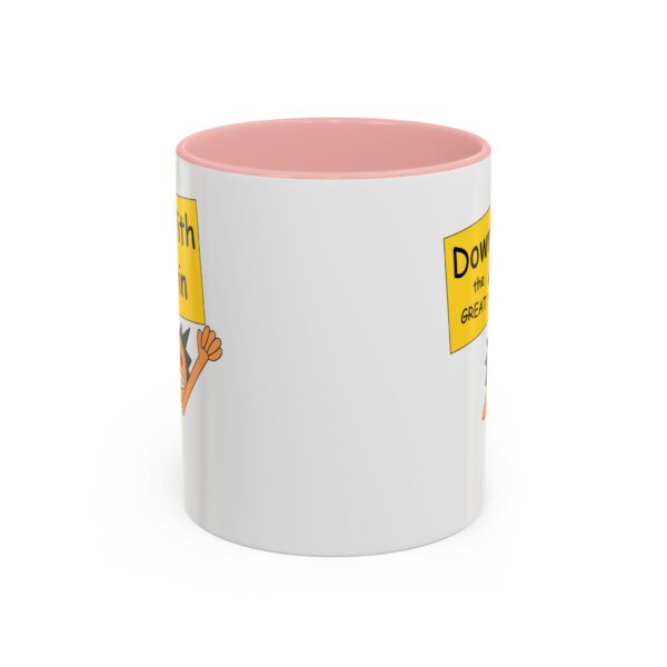 A pink and white mug with a picture of a dog.