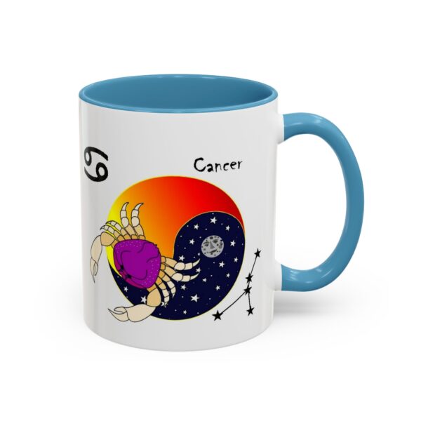 A blue and white coffee mug with an image of cancer.