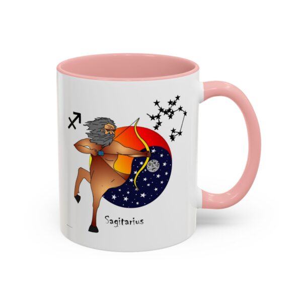 A pink mug with an image of a horse and the zodiac sign sagittarius.