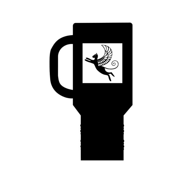 A black cup with an image of a person jumping in the air.