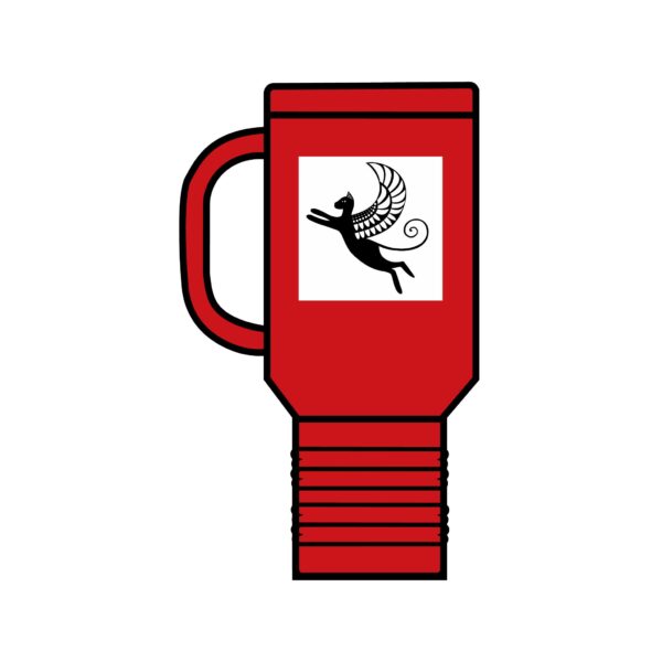 A red cup with a picture of a person jumping in the air.