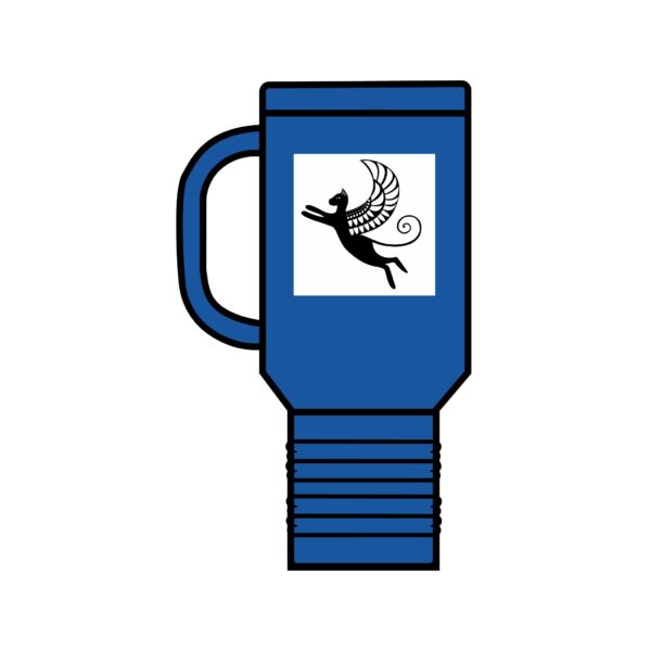 A blue cup with a picture of a person jumping in the air.