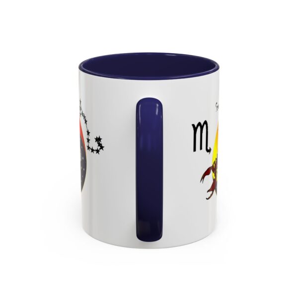 A blue and white mug with the words " scorpio ".