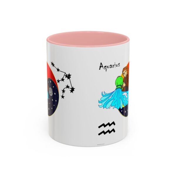 A pink and white mug with an image of aquarius on it.