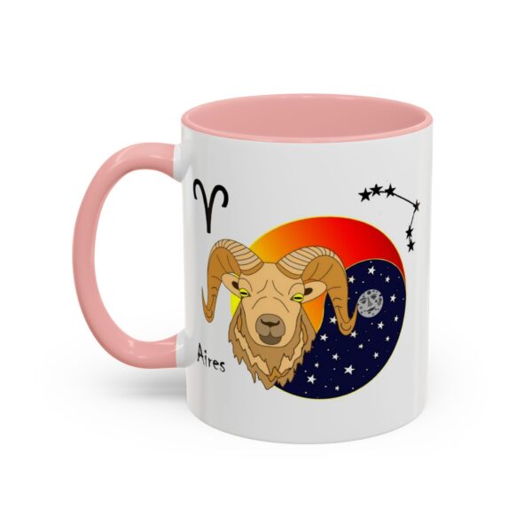 A pink and white mug with an illustration of a goat.