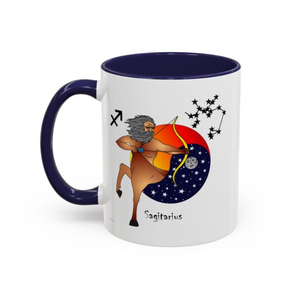 A mug with an image of a cow and the zodiac sign sagittarius.