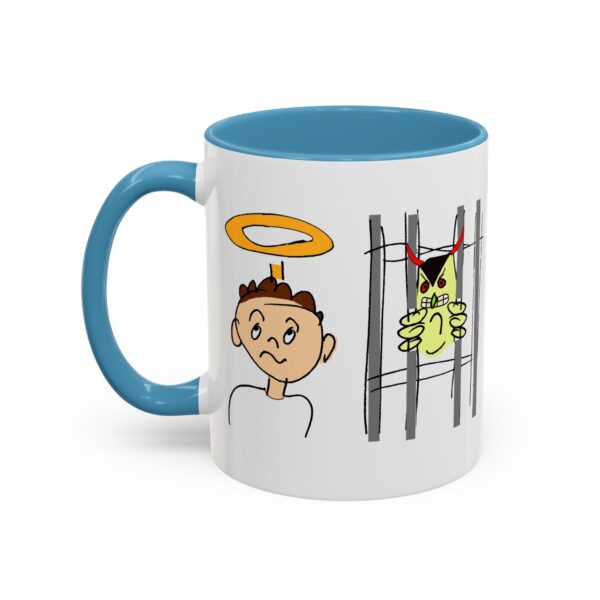 A mug with an image of a man and a cat.